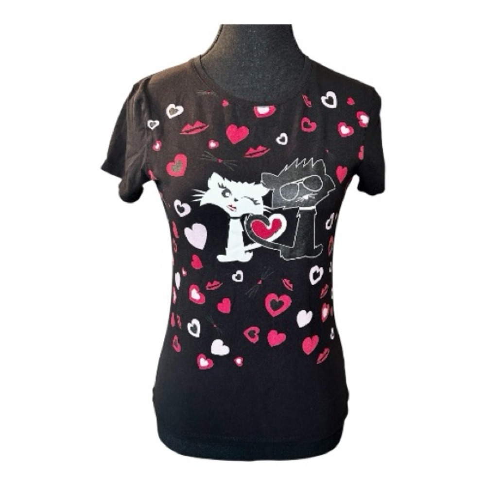Kids Karl Lagerfeld Black T-Shirt with Heart & Kitten Design, Size 16